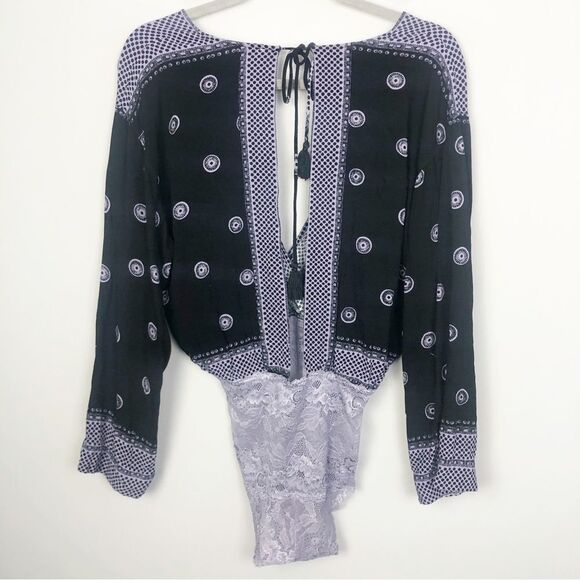 FREE PEOPLE | INTIMATELY On Board Black Paisley Bell Sleeve Bodysuit Women’s S - Picture 11 of 15